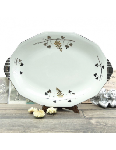 Grand plat Limoges Art Deco porcelaine blanche or et argentée décor de vigne français