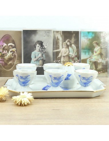 Coquetiers anciens en porcelaine blanche et bleue dessin d'oies lot de 6 pièces outlet