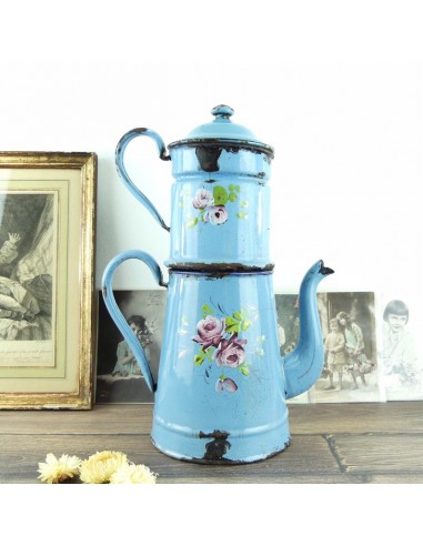 Cafetière bleue en tôle émaillée, grande cafetiere double, cafetière de cuisine vintage Pour